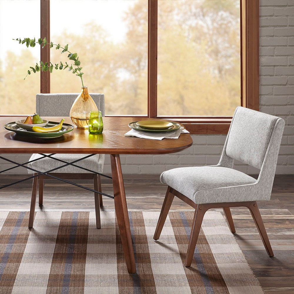 Dining Side Chair Set of 2, Light Gray Polyester, Pecan Brown Legs