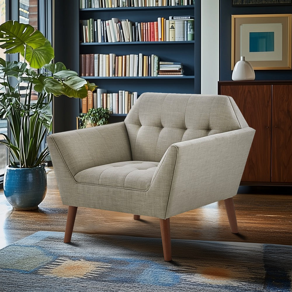 Angular Accent Chair, Hand-Tufted Light Gray Polyester, Brown Wood