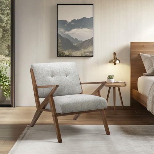 Accent Chair, Angular Arms, Light Gray Polyester, Pecan Brown Wood