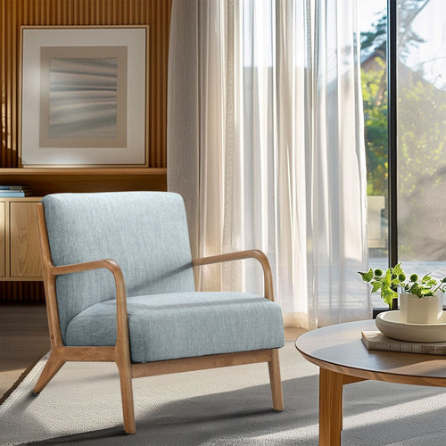 Accent Chair, Curved Arms, Light Blue Polyester, Elm Brown Wood