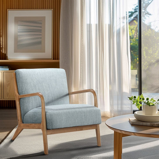 Accent Chair, Curved Arms, Light Blue Polyester, Elm Brown Wood