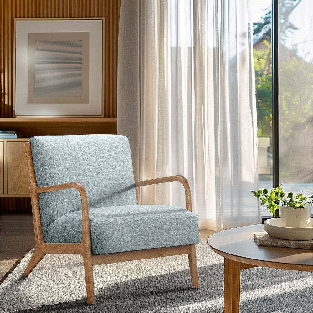 Accent Chair, Curved Arms, Light Blue Polyester, Elm Brown Wood