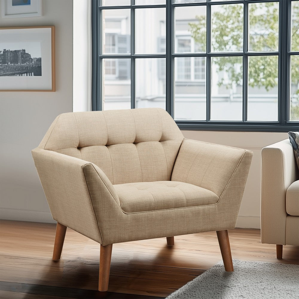 Lounge Chair w Hand Tufted Back, Beige Woven Polyester, Birch Legs