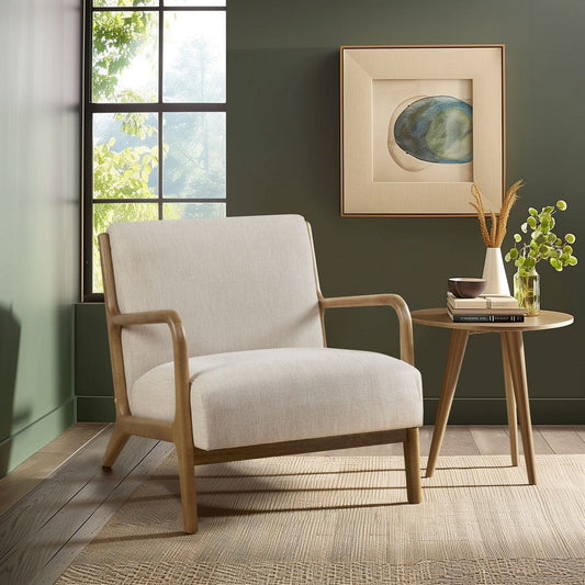 Accent Chair, Curved Arms, Cream Polyester, Elm Brown Wood Frame