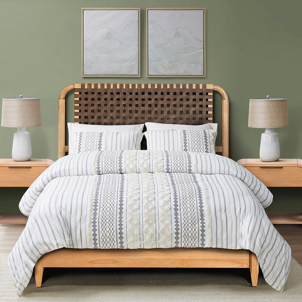 Queen Size Bed w Woven Faux Leather Headboard, Natural Brown Wood