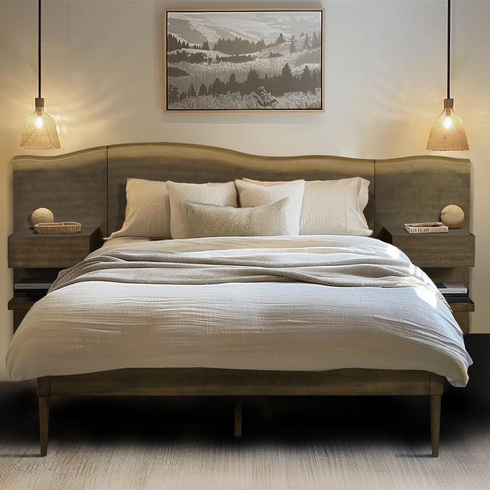 Queen Size Platform Bed, Live Edge Headboard, 2 Drawers, Dark Brown