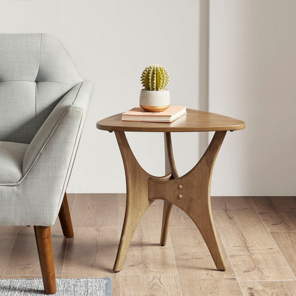 Triangular Side End Table, Sculptural Base, 21" Light Brown Wood