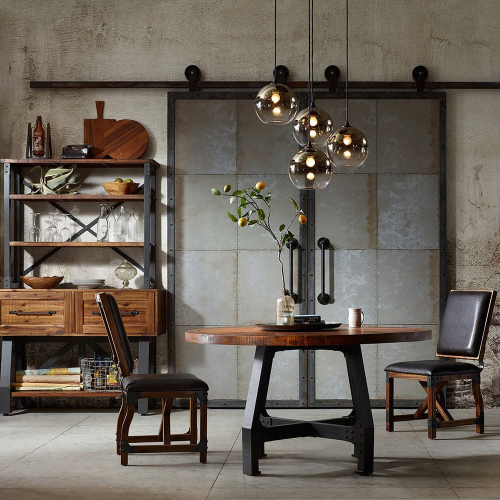 Dining Table, 54" Round Amber Brown Wood Top, Graphite Gray Base
