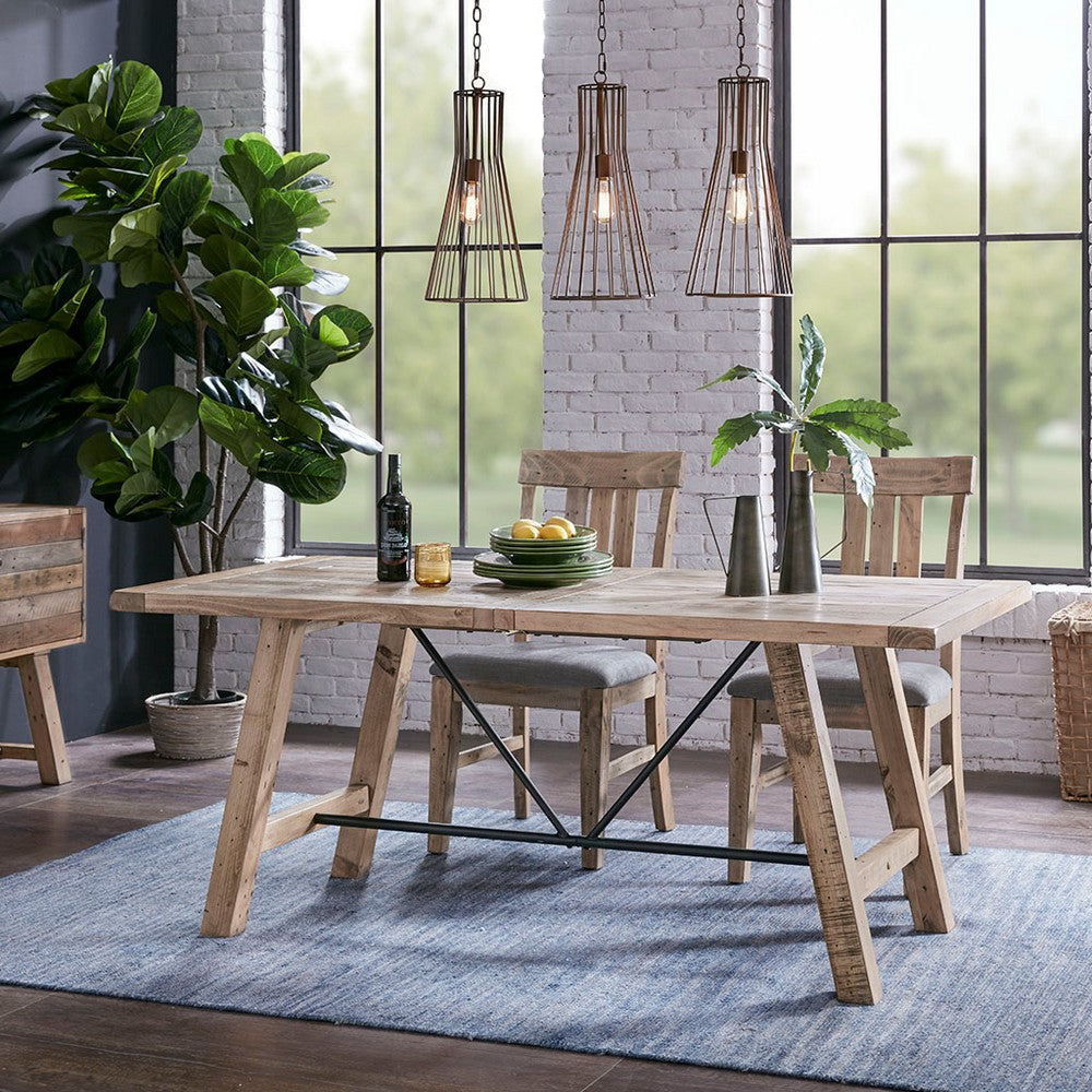 Dining Table, 72" Rectangular Pine Wood Top, Black Metal Support