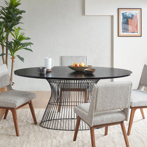 Dining Table, 68" Oval Wood Top, Metal Wire Frame, Matte Black