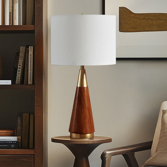 Table Lamp with Triangular Pecan Wood Base and White Drum Shade