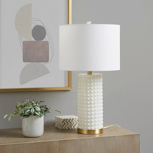 Table Lamp with Drum Shade and Dotted Pattern Glass Base, White