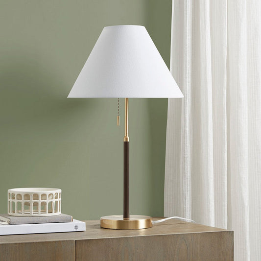 Table Lamp with White Fabric Tapered Empire Shade and Pull Chain
