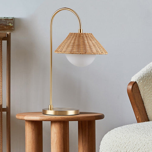 Table Lamp with Rattan Weave Shade and Frosted Globe, Gold