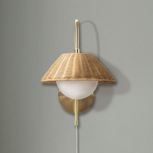 Wall Scone, Natural Rattan Weave Shade with Frosted Globe, Gold