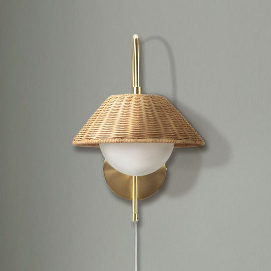 Wall Scone, Natural Rattan Weave Shade with Frosted Globe, Gold