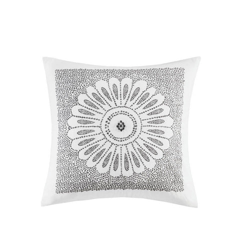 Square Accent Pillow, Gray Medallion, Off White Cotton Canvas, 20"