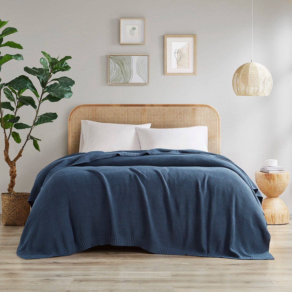 Queen Size Blanket, Textured Knit Acrylic, Blue, Mashine Washable