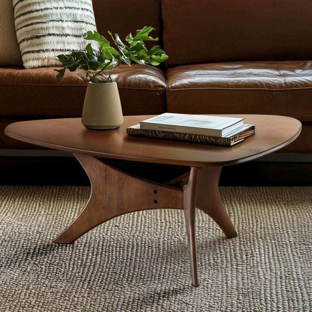 Coffee Table, 40" Triangular Top w Asymmetrical Base, Pecan Brown