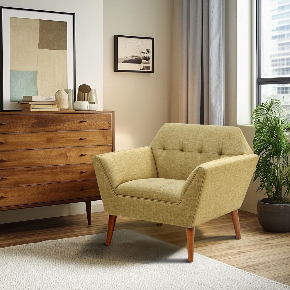 Lounge Chair w Hand Tufted Back, Pale Green Polyester, Birch Legs