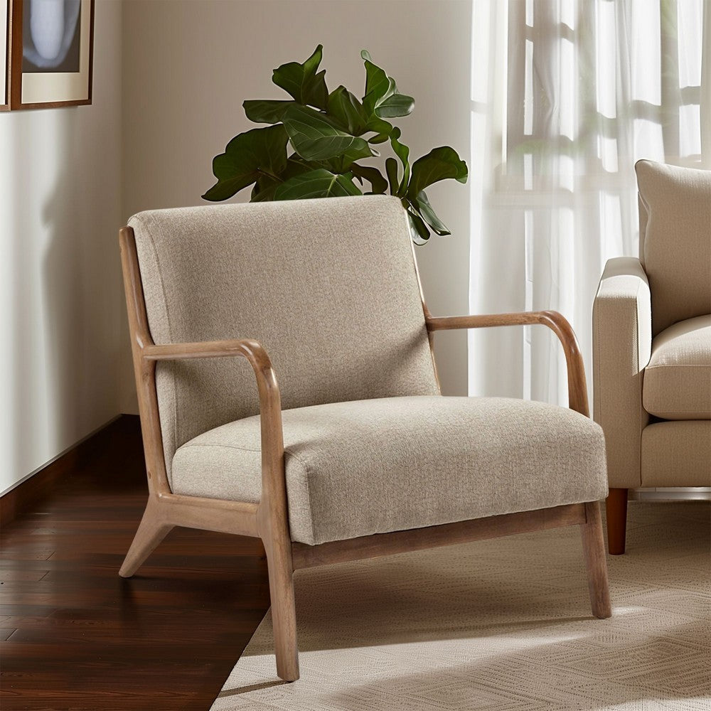 Accent Chair, Curved Arms, Taupe Polyester, Elm Brown Wood Frame