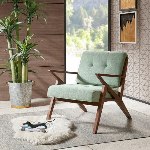 Arm Chair w Tufted Back, Sea Green Fabric, Rubberwood Angled Frame