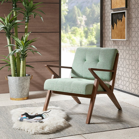 Arm Chair w Tufted Back, Sea Green Fabric, Rubberwood Angled Frame