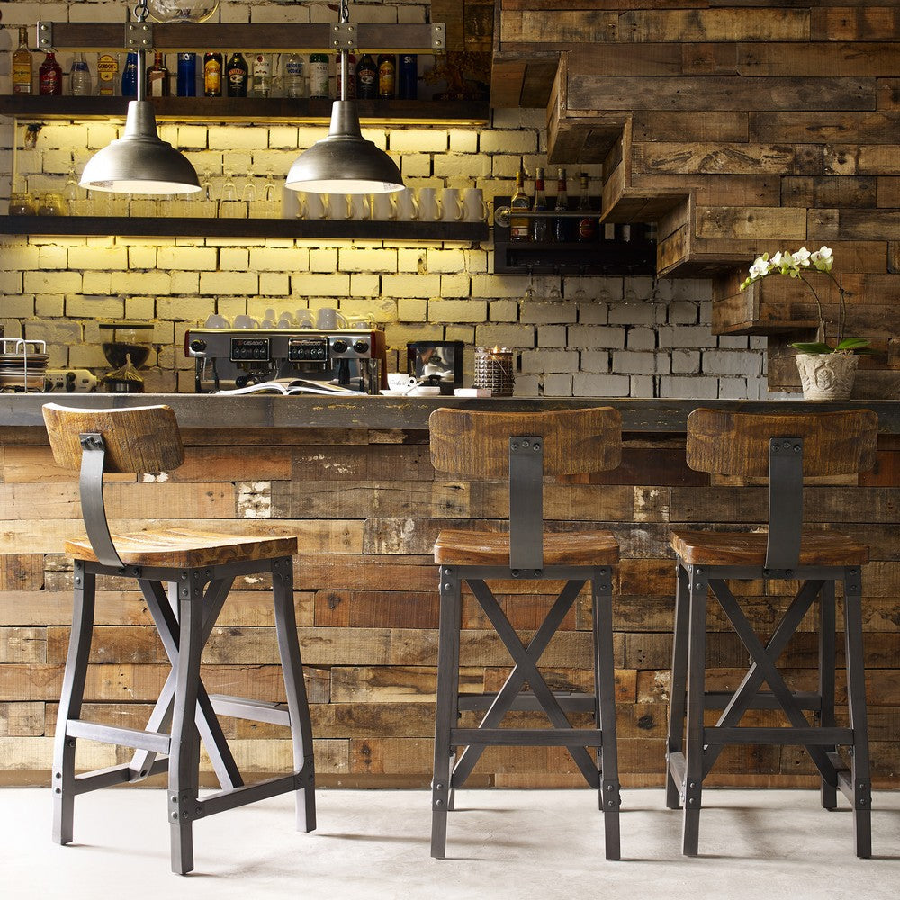 Barstool w Back, Amber Brown Acacia Wood Seat, Graphite Gray Frame