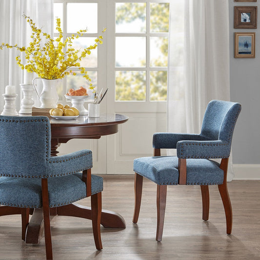 Dining Armchair, Nailhead Trim, Blue Cushion & Birch Wood