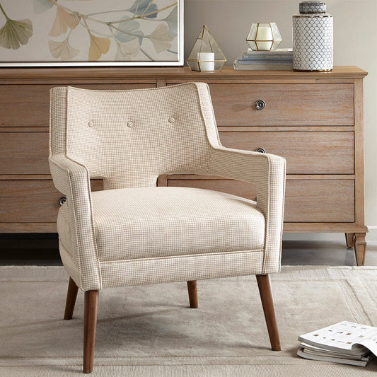 Accent Chair w Open Arms and Button Tufted Back, Cream White Fabric