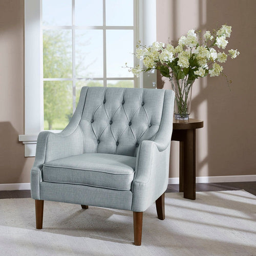 Accent Chair, Tufted Back, Dusty Blue Polyester, Coffee Brown Wood