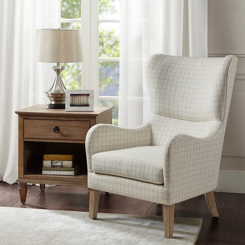 Swoop Wing Back Chair w Round Arms, Gray Checkered Polyester