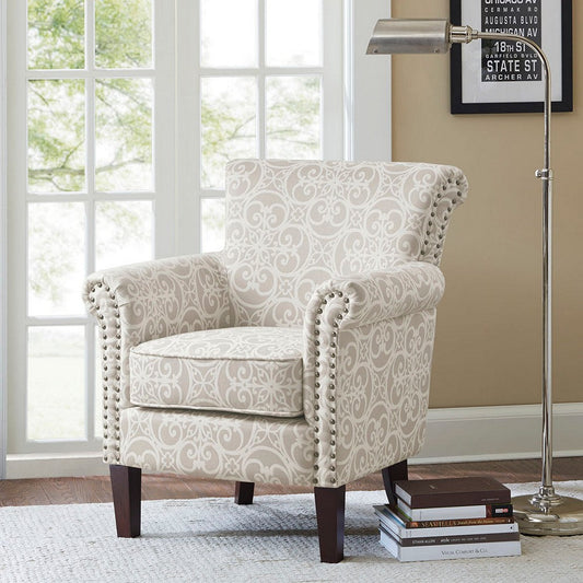 Tight Back Club Chair, Gray and Off White Fretwork Rayon Blend