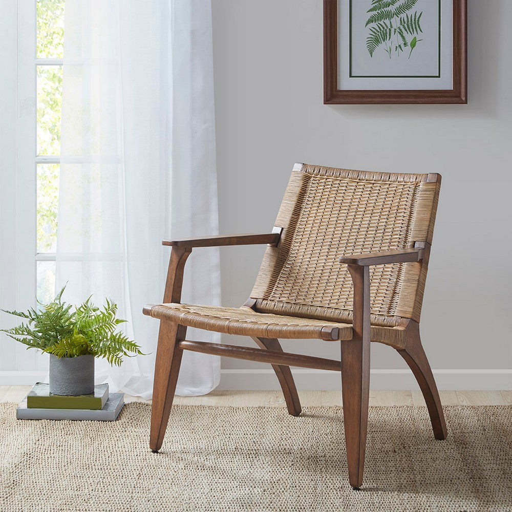 Accent Chair, Rattan Woven, Recessed Arms, Camel Oak Brown Wood