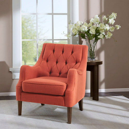 Accent Chair, Tufted Spice Orange Polyester, Coffee Brown Wood