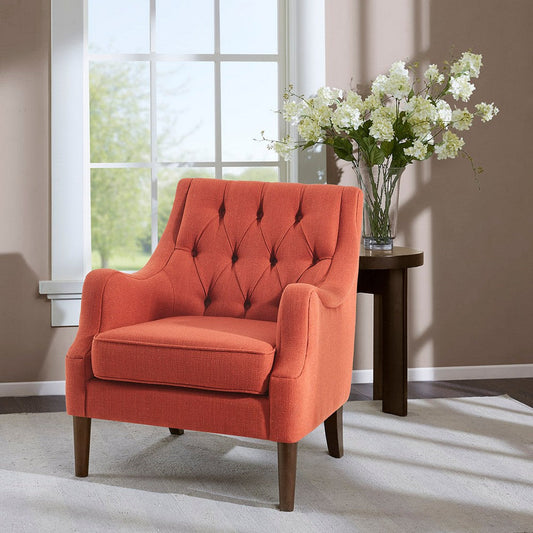 Accent Chair, Tufted Spice Orange Polyester, Coffee Brown Wood