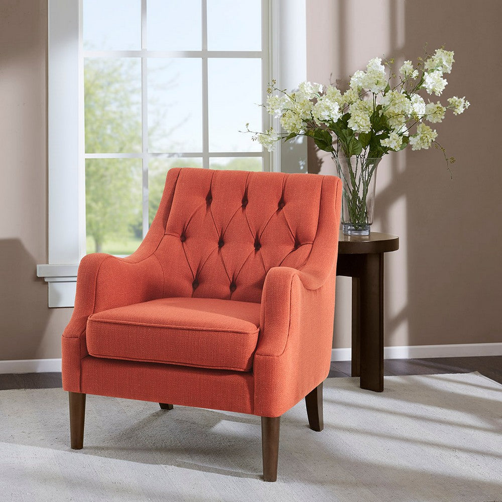 Accent Chair, Tufted Spice Orange Polyester, Coffee Brown Wood