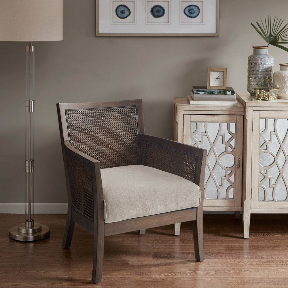 Accent Chair, Espresso Brown Cane Back & Arms, Tan Brown Polyester