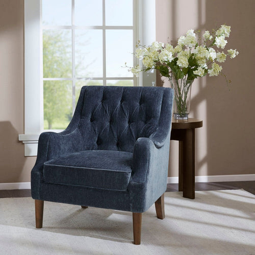 Accent Chair, Button Tufted Navy Blue Polyester, Coffee Brown Wood