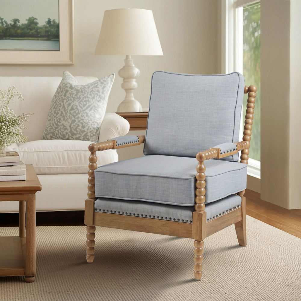 Accent Chair, Spindle Design, Nailheads on Blue Polyester, Brown