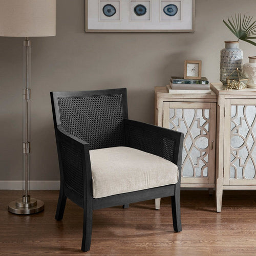 Accent Chair, Cane Back & Arms, Beige Polyester, Black Wood Frame