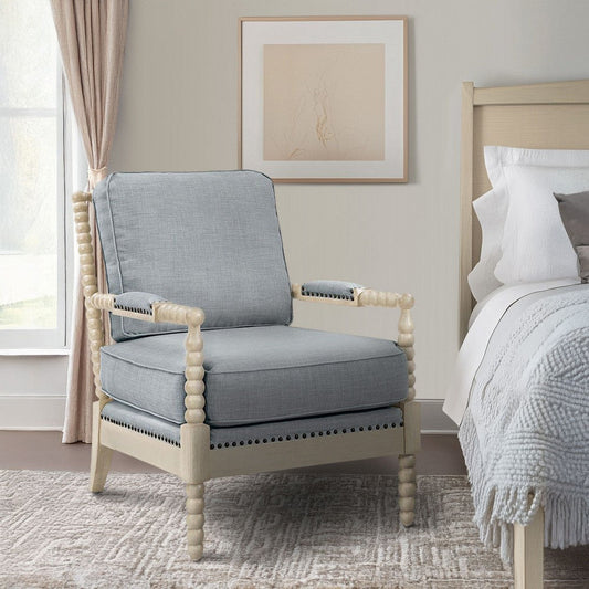 Spindle Accent Chair, Nailheads on Blue Polyester, Antique Cream