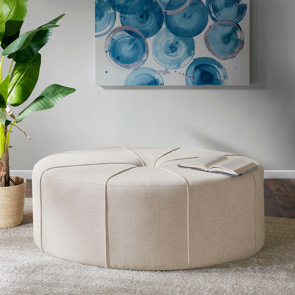 Oversized Ottoman, Cream Polyester, Thick Welting, Center Button