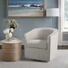Swivel Barrel Chair, Curved Arms, Nailhead Trim, White Polyester