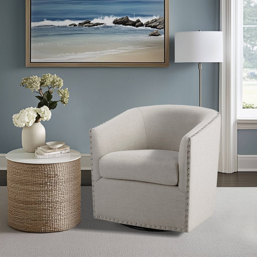 Swivel Barrel Chair, Curved Arms, Nailhead Trim, White Polyester