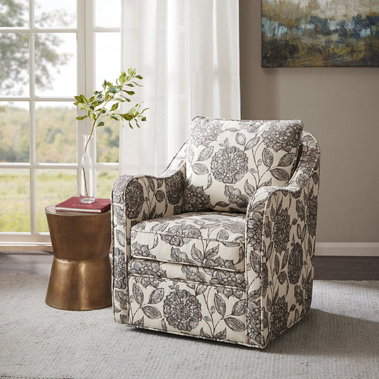 Swivel Accent Chair, Floral Polyester Fabric, Sloped Arms, Cream