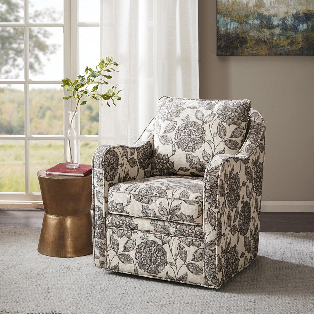 Swivel Accent Chair, Floral Polyester Fabric, Sloped Arms, Cream