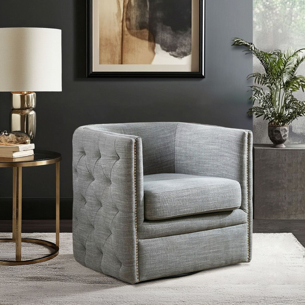 Swivel Barrel Back Chair, Tufted Arms, Slate Gray Polyester