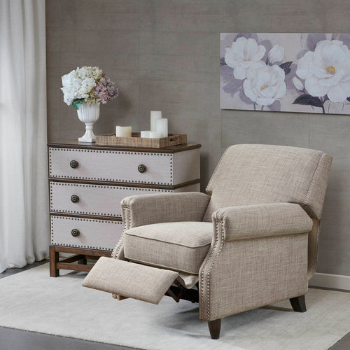 Push Back Recliner Chair, Sand Beige Polyester, Brown Solid Wood