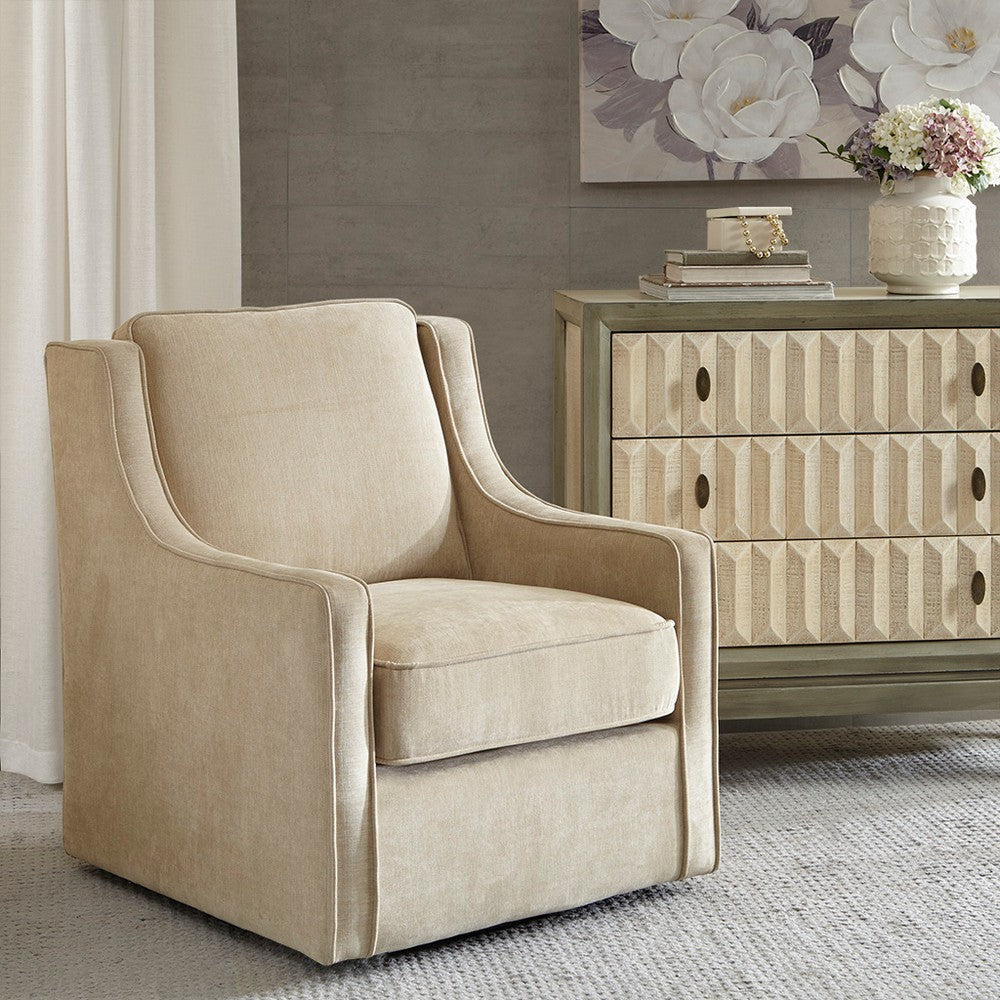 Swivel Chair, Wingback Curved Arms, Cream Polyester Upholstery